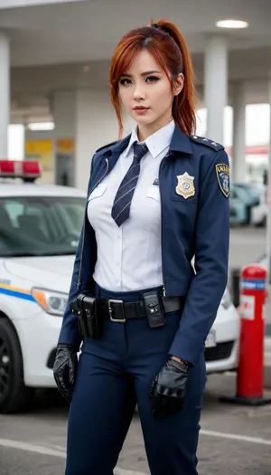 masterpiece, best quality, amazing quality, zhu yuan, black hair, orange eyes, red hair, multicolored hair, streaked hair, long hair, ponytail, ahoge, hair between eyes, mature female, blue jacket, police, policewoman, police uniform, high-waist pants with robotic guards, shoulder guards, front belt with star-shaped symbol, checkered necktie, black gloves, police badge, uniform, black shoes, wrist guards, white shirt, long sleeve, gas station, pumps, car, fuel, lights, cowboy shot, solo, looking at viewer, transparent background, simple background, white background