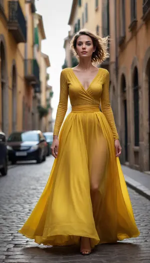 signora con gonna gialla larga sollevata dal vento