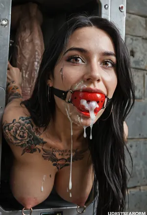 Extreme realism, high definition, 4K, (dirty mature brunette woman is stuck with her hips in a round hole with metal rim in an arcade machine on a busy street, wearing a ball gag), (she shows thumbs up:1.3), (very long black hair:1.4), (covered in tattoos:1.4), (straight hair, perfect perky breasts, nipple rings), (oiled skin:1.2), (stuck in round hole with metal rim:1.1), (wide metal box), (arms restrained in contraption:1.4), (wide angle, full machine in picture:1.1), (bustling street, passersby:1.3), (mouth closed, smiling, brown eyes, obsessive:1.5), (her arms are fixated in machine:1.5), (score_9, score_8_up, score_7_up, UHD 8K, masterpiece, best quality, maximum details, long distance shot:1.2), natural light, extreme realism, cinematic still, (very happy:1.3), (her hands are protruding from holes:1.3), (stuck in hole with metal rim), (ball gag, mouth closed:1.5), (leaning forward), (huge penis), (she stares at erect penis in front of her face:1.3), (a lot of cum on her face, bukkake:1.5), (((black hair))), (((very long hair))), (gorgeous face:1.3)