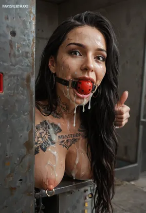Extreme realism, high definition, 4K, (dirty mature brunette woman is stuck with her hips in a round hole with metal rim in an arcade machine on a busy street, wearing a ball gag), (she shows thumbs up:1.3), (very long black hair:1.4), (covered in tattoos:1.4), (straight hair, perfect perky breasts, nipple rings), (oiled skin:1.2), (stuck in round hole with metal rim:1.1), (wide metal box), (arms restrained in contraption:1.4), (wide angle, full machine in picture:1.1), (bustling street, passersby:1.3), (mouth closed, smiling, brown eyes, obsessive:1.5), (her arms are fixated in machine:1.5), (score_9, score_8_up, score_7_up, UHD 8K, masterpiece, best quality, maximum details, long distance shot:1.2), natural light, extreme realism, cinematic still, (very happy:1.3), (her hands are protruding from holes:1.3), (stuck in hole with metal rim), (ball gag, mouth closed:1.5), (leaning forward), (huge penis), (she stares at erect penis in front of her face:1.3), (a lot of cum on her face, bukkake:1.5), (((black hair))), (((very long hair))), (gorgeous face:1.3)