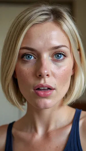 1girl, average height, french, bob cut blonde hair, 37 years old, thin, slim, solo, blue eyes, perfect eyes, realistic, freckles, lick her lips by her tongue