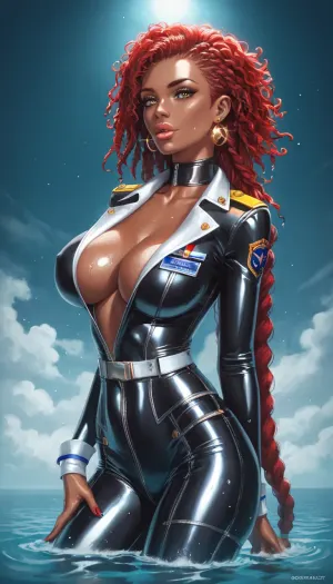 German woman, solo, a very very very long thick braid, red hair, full lips, thick lips, huge chest circumference, dark olive skin, tight micro Starfleet Officer metallic high-necked long-sleeved high-rise bodysuit