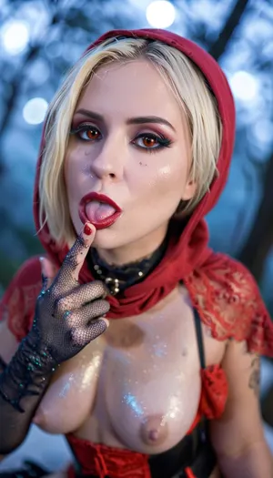Erotic photography, filmic, 1girl, 24 years old, (perfect finger), cinematic, (well-lit scene), magical, great angle, fantasy, (DSLR photo), (front view), ((2/4 view:1.5)), close up viev portrait, focus on tits and face, (((glitt3r make-up:1.5))), ((slutty)), ((glitt3r glossy lips)), (Little Red Riding Hood), The little young girl is dressed in a traditional red cloak with a hood that covers part of her blonde hair under the cloak, she wears a red tank top and a brown corset with dark panels and lacing at the front, ((1finger licking)), she has lace fingerless gloves, short red dress with lace trim along the hem, dark stockings and high boots, (flat-chested), ((torned cloths)), ((walking)), scared, (loincloth is slid onto her side), waistband, fit body, ((red moon)), ((dark night)), very dark forest, (hunted by wolf:1), dark and gloomy forest with tall trees, the silhouettes of which are barely visible in the fog, creating an atmosphere of mystery and danger. Under the woman's feet, there is fog or mist, pale skin, blushing, crazy angle, (bokeh:1.4), ethereal fantasy photography, grim, handslora, glitt3r, HHLuteCos, <lora:MJ52:.8>, <lora:590198_training_data:2>, <lora:ahxl_v1:1.1>, <lora:glitt3r:2>, <lora:HHLute_SDXL:2>