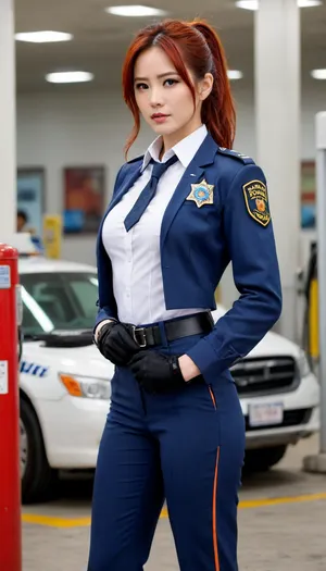masterpiece, best quality, amazing quality, zhu yuan, black hair, orange eyes, red hair, multicolored hair, streaked hair, long hair, ponytail, ahoge, hair between eyes, mature female, blue jacket, police, policewoman, police uniform, high-waist pants with robotic guards, shoulder guards, front belt with star-shaped symbol, checkered necktie, black gloves, police badge, uniform, black shoes, wrist guards, white shirt, long sleeve, gas station, pumps, car, fuel, lights, cowboy shot, solo, looking at viewer, transparent background, simple background, white background