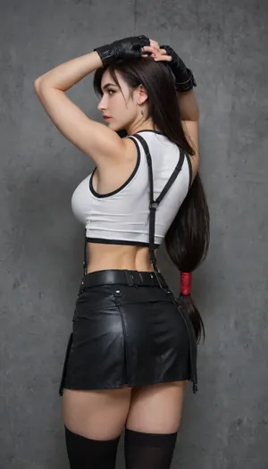 (Character, Tifa Lock hart cosplay costume, white sleeveless top, a black leather-like skirt with suspenders, fingerless gloves, thigh-high socks, and armor-like pieces for the arms and legs, a green Materia bangle and a belt, (Physique), detail face, She has her black hair tied back, large bust, curvy physique, (Accessories), holding dual Omni-Directional Mobility Gear blades, (Background), simple plain wall, (Expression), standing straight in a sexy way, hands over her head, (view), turning back, looking at the viewer, back straight view, butt view, (Image quality), 8k resolution, high definition, ultra high clarity.)