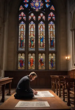Realistic work, beautifully rendered, ((stained glass master sketching for a stained glass window in a Gothic church)), Italian coloring, master standing back