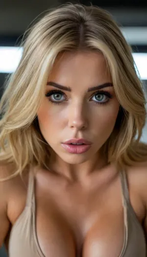 ziprealism, (statuesque, extreme low angle, looming pose, linear perspective), (fitness model, intense eye contact:1.4), (f/2.8, shallow depth of field, layered composition:1.6), (soft bokeh:.4), (ash-blonde hair, thick voluminous hair, long flowing hair, bangs haircut:1.4), (catchlights, limbal rings, large expressive eyes), (strong jawline, angular features), igbaddie, <lora:igbaddie-XL:.8>, <lora:style_lora_realis:.4>