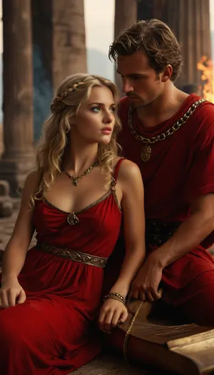 man and woman, man is roman centurion, dominating, (beautiful blonde woman 25 year old, greek slave, unchained, red greek antic tunic, wavy hair, very clear blue eyes, admiration), collar chain, lying on side, temple burning, playing lyre, raw, <lora:Realism_Lora_By_Stable_yogi_SDXL8.1:.8>, fluxenh4nce, <lora:FLUXEnh4nce:.8>, <lora:Complicated Photorealistic Mimic - XL SDXL v1.0:.8>, <lora:MJ52:.8>, <lora:580159_training_data:.8>