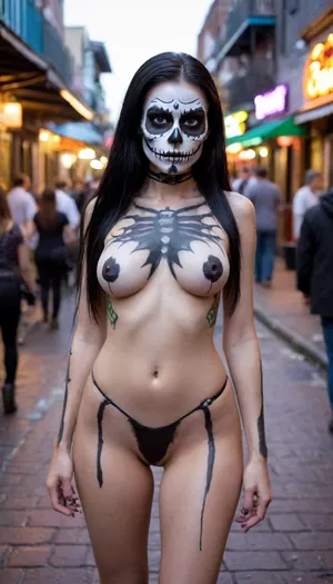 18 yeyold girl, long black hair, ponytail, medium breast, long legs, small skinny ass, hard nipples, full body, full body paint, tall, skinny body, white painted face skull face, day of the dead, painted face, Mardi gras, bourbon street, wearing a costume, with, pokies, <lora:655295_training_data:.8>, pale, skin, <lora:Pale_Skin_SDXL_v1.0:.8>