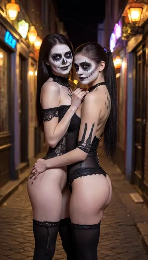 Two 18 year old girls, long black hair, ponytail, medium breast, long legs, bending over showing small skinny ass, hard nipples, full body, full body paint, tall, skinny body, white painted face skull face, day of the dead, painted face, Mardi gras, bourbon street, wearing a costume, black chokers, pale, skin, <lora:Pale_Skin_SDXL_v1.0:.8>, <lora:epicNewPhoto:.8>, girl, vampire, gothic, smile, scary, spooky, dark, <lora:Halloween_Series_Scary_Vampire-000009:.8>