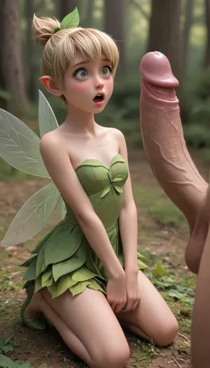 Forest, noon, (((tinkerbell), (blonde hair), (short ponytail), (fairy wings), (strapless dress made of leaf), (green flats), (not wearing any underwear), (kneeling), (blushing), (shocked face), (penis erect upwards), (penis bigger and taller than her body))), one, sexy, woman, shocked, by, huge, cock, cockshock, <lora:cockshock:1.3>, <lora:[XL]trendy_3D:1.8>