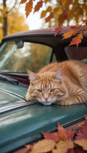 5000000010.33, Red cat lying on the hood of an old car strewn with leaves, colorful sleep, 1024px profile image, sleepy state, fluffy ears and long fur, autumn red leaves, napping, warm sunlight shining in, blanket, visible rays of sun, advertising image, sleeping, uniquely beautiful