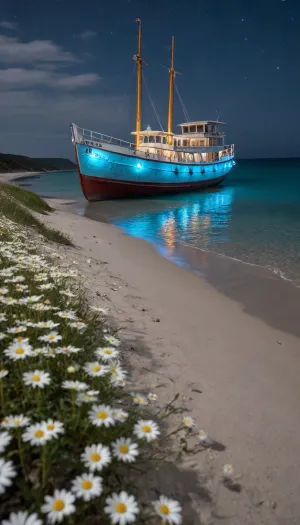5000000010.34, A glass ship, a boat filled with daisies, on a beach in the moonlight, with bioluminescent blue water and blue sand in the background. The night sea is calm, as if it is an ocean reflecting light from above. Flowers are scattered in front of you, highlighting the beauty of the landscape. This scene creates a dreamy atmosphere that makes you feel relaxed and happy, with super-detailed and high-quality phone wallpapers