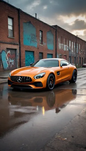 5000000010.36, photorealistic digital edit of an orange Mercedes-AMG GT parked in an abandoned urban lot with graffiti-covered brick buildings, dramatic moody sky with dynamic clouds, strong contrast, high dynamic range, sharp cinematic details, realistic reflections on the car body, wet cracked asphalt, subtle motion blur on clouds, shallow depth of field foreground, ultra-detailed wheels and brake calipers, rich color grading, (deep teal shadows, warm highlights), high resolution, photorealism + digital retouching, cinematic composition