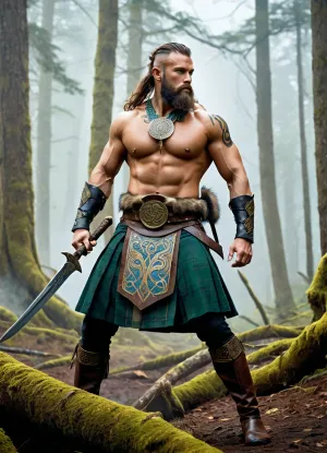 Modern colored pencil sketch, A fierce, muscular Celtic warrior, barechested with intricate blue woad body paint, a rugged beard, and a primitive necklace, holding a golden short sword raised high in one hand and a gold-bladed axe in the other, wearing a kilt-like garment of fur and green cloth, with a large ornate belt buckle showcasing a triskelion symbol, and primitive leg wraps and shoes, charging dynamically with a battle expression. During a battle in a dense, misty forest with numerous blurred, silhouetted warriors in the background, suggesting a chaotic melee. Fantasy art, Digital Painting, Epic Fantasy, inspired by historical Celtic art. Natural lighting, slightly diffused due to mist, focusing on the central figure with dramatic highlights. Full body shot, slightly low angle to emphasize power, dynamic action pose. Intricate details on body paint and attire, aggressive expression, realistic texture on fur and weaponry, atmospheric background with sense of movement, high fantasy, ancient warfare, colored, contrast, tone, texture, details, stylish, elegant