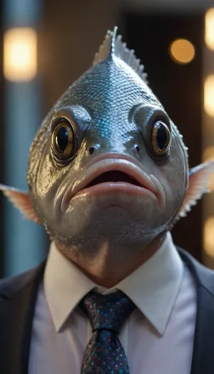 5000000010.39, hyperreal portrait of an anthropomorphic fish head on a human body wearing a dark dress shirt and tie, wet iridescent scales, detailed skin and gill texture, cinematic rim light and soft golden bokeh, shallow depth of field, 85mm, ultra-detailed, photoreal, 8k