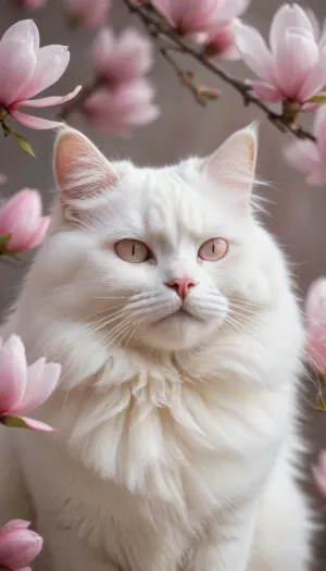 5000000010.40, Delicate pastel illustration of a fluffy white cat with closed eyes and pink nose, oversized white magnolia blossom, minimal background, soft painterly textures, dreamy cozy vibe, high details, stylize 500