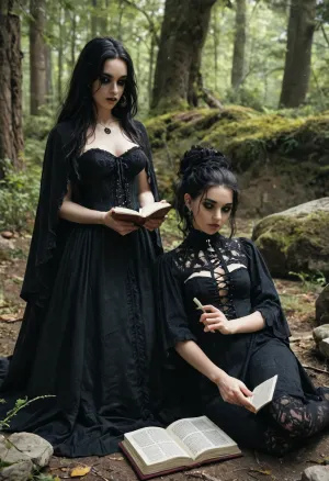 2 girls, wide angle, (goth witch with enormous tits, long sexy witch dress, black spiderweb corset, reading from am old book, casing a spell), older witch girl is casting a spell on younger petite girl, younger girl is laying naked on a large rock, in a forest clearing, young girl laying on a rock with the older witch standing over her