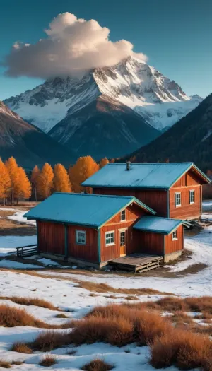 5000000010.44, rich cinematic landscape, deep teal navy sky with soft swirling lenticular cloud, snow‑capped mountains with cyan-blue rim lighting, cool desaturated blue midtones, warm golden-orange autumn foreground and rusty-red wooden cabin, high contrast, volumetric cinematic lighting, vivid teal-and-orange color grade, ultra-detailed photorealism, subtle film grain