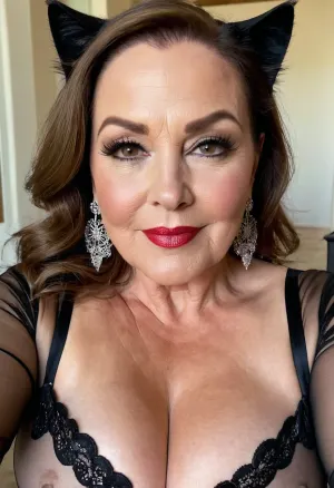 old mature 65 years old, brunette, medium hair, glamour, chubby, bbw, beautiful big black eyes, neck lace, heavy make up on eyes, hoop earrings, naught sexy flirt smile, tiny little tits, very small boobs tits, long sleeve sexy lingerie, selfie picture long an wide face, big face, very wide face, side face view, cat woman costume