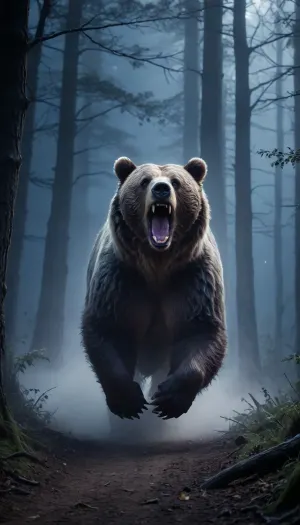 5000000010.49, A majestic bear runs out of the dark fog in the night forest, surrounded by fog and dense tree branches. The bear rushes forward with its mouth open, as if it is about to attack. Hyperrealistic photo. Its fur is black with a blue tint. Moonlight illumination. There is thick fog around it, and it moves dynamically. The colors are blue and violet. The monster comes from the darkness and fog. The photo has a depth effect. Photo + digital processing, cool phone wallpaper