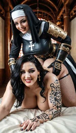 (((2 woman))), battle nun being fucked from behind by huge chubby nun, 40 yo goth mature model in armour, ((tattoos)), ((on all fours)), masterpiece, mature body, huge natural teardrop breasts, long black hair, light grey eyes, smiling, looking at the camera, mature face, flirty, best quality, very detailed, black eyeliner, (masterpiece:1.2), power armour, sister of battle, fishnets and leather clothes, fat white guy with a beard in priest robes, huge cock, anal, holy shrine, shrine complex, early morning, F-cup breasts, bow, church, space, marine, adepta, sororitas, warhammer, 40k, wh40k, <lora:WH40XL:.9>, <lora:Sisters-of-Battle-subset-000004:.5>