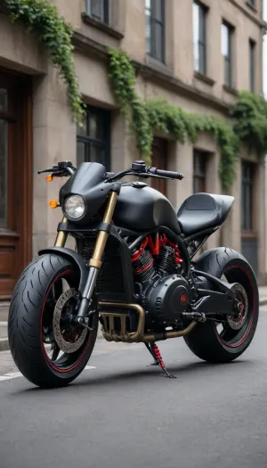 5000000010.71, A black motorcycle with demonic horns, a tail, large wheels, and high-tech details is parked on the street. The monster motorcycle is made of matte metal and has red eyes. It is designed in a demon-like style, but it looks more aggressive. In the background, there is an old building with cracked walls and ivy. The photo has a high resolution, super-sharp focus, hyper-realistic details, and professional color reproduction