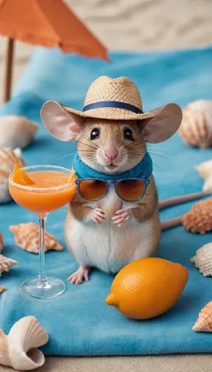 5000000010.76, A relaxed, long-eared mouse wearing sunglasses and a straw hat lies on a beach towel with an orange cocktail in its hand, surrounded by seashells. The photo is taken in a super-realistic style, using macro photography, orange and blue tones, a happy expression, soft lighting, and a natural, relaxing atmosphere.