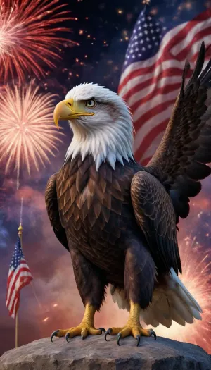 Full body patriotic american eagle very muscular, red white and blue feathers, with president trumps next to the eagle fireworks behind them