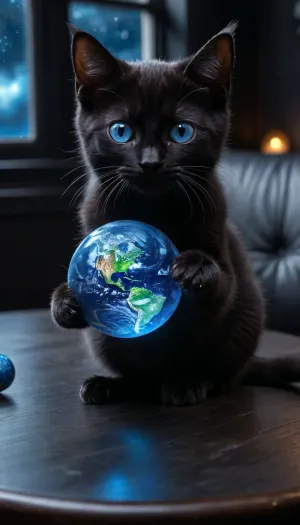 5000000010.60, Black kitten sitting on a table and playing with a small globe-ball with a glowing blue color with his paw, ball rolled to the edge of the table!!!!, rolls it across the table, digital art, space art, fantasy, stars hidden in his eyes, he has a piercing look, clear blue eyes, picture of a cat, on a black background of space, holding the earth, really detailed, very clear image, black cat, kittens in space, amazing shot, mind-blowing shot
