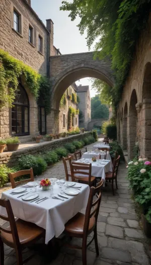 5000000010.61, The photo shows an old European street along a river canal with stone walls and arches, surrounded by greenery and flowers. Restaurant tables and chairs are placed along one side, creating a cozy atmosphere for morning coffee and socializing. Serving breakfast. The sun's rays. The coffee. This scene creates a picturesque setting that draws attention. In the style of National Geographic