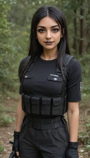 (INDIAN:1.5), ((BLACK HAIR, BANGS, BLACK EYES, BIG EYES, PROMINENT CHEEKBONES, (LONG HAIR), (STRAIGHT HAIR), (DARK LASHES), (EYE LINER), (LONG LASHES), EYE SHADOW, DEEP BLACK LIPSTICK, cheekbones, (HOURGLASS BODY), (NATURAL BREASTS), (Hinata waist), (THICK), smile, looking at viewer, ((black tactical vest)), ((tactical black pants)), ((tactical gloves)), ((boots)), ((gun belt, weapon)), ((black revealing t shirt))))