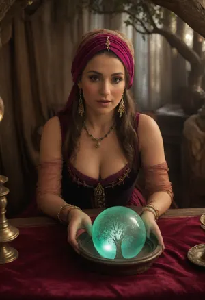 16th century, a sexy gypsy solo fortune teller sits at a small table with a velvet tablecloth at a glowing glass fortune-telling ball, (inside appears an image of a tree:1.6), surrounded by her extremely messy gypsy showman's wagon, perfect face, silent smile, points to the fortune-telling ball, wears gypsy-typical clothing, (wide dress, many bracelets, golden earrings, headscarf summer afternoon, warm ambient light, Professional photo, hyper-realistic, ultra-high quality, insanely detailed. high resolution, masterpiece, best quality, UHD 8K, extreme realism, maximum detail, hyper realistic, ultra realistic, photorealistic faces, highly detailed faces, sunlight_str1, vibrant, dream, pale, reality, elven, architecture)