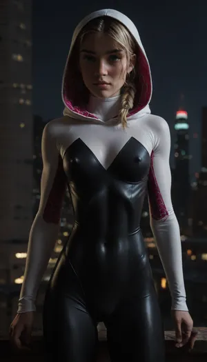 night, clear weather, (((18 years old))), (((young))), (spider girl Gwen Stacy), Braided side Side Cornrows Hair, (tight outfit), (athletic body:1.8), hood on head, hip gap, (narrow waist:1.3), (blonde with pink strands), (view from front:1.4), climbs to the roof of a high-rise building, (makeup), New York day, ((pussy cameltoe:.9)), (wet clothes), (oiled skin:1.5), (wet tight bodysuit:1.8), hand, 1girl, (athletic ass), medium natural breast, (high detailed face:1.5), dim lights, (hard nipples:1.3), (chiaroscuro lighting:.3), <lora:HandFineTuning_XL:1>, <lora:MGLRbodysuit_sdxl:.6>, <lora:uberfit_lora_sdxl:.4>, <lora:dark:.3>