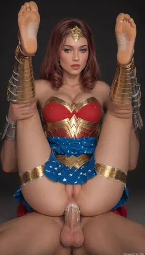 (Mile high club), rich fancy exclusive, red hair, pigtails, ankle bracelet, Detailed anal penetration, tiny fairy 1girl crouching a big man's cock on the ass, (cock:1.8), (insanely sexy stunning beauty:1.9), (adorable beautiful cute girly:1.5), (super fuckable sensational hottie:2), (crunching), (exceptionally seductive:2), (shyly flirts:1.6), (extremely sexy seductive eyes:1.3), (long big thick eyelashes:1.3), (extremely sexy seductive makeup), (big plump lips:1.5), (dark red hair with bangs:1.8), (medium natural breasts), (cleavage:1.5), (curvy body:2), athletic, narrow shoulders and chest, slim neck, (tiny erect nipples:1.4), thin waist, wide curvy hips, thigh gap, perfect ass, (incredible fit shapely thighs:1.2), (beautiful legs:1.3), (small cute pussy:2), (tanned:1.2), (freckles:1.2), (((nude))), (((((topless))))), barefoot, bottomless, BREAK
1girl, 1boy, sex, hetero, anal, sex_from_behind, pussy, penis, fullnelsonpose, arms_behind_head, full_nelson, reversepose, (((wearing uniq dress exactly from Wonder Woman universe, armor red top, blue armor skirt, golden tiara, golden armored Bra, arm armor, ((golden Angada on right forearm)), red armored long-high boots with vertical golden stripes in center and golden soles, golden belt, exactly from Wonder Woman universe))), (cum:2), BREAK. Minimalism, clear black Background, Blurred background, dark, rich, Deep shadows, Dramatic shadows. Dramatic Light. Strong side neon red and blue light. Dynamic contrast. Ambient UV light.

BREAK.

Photo of the most beautiful artwork in the world, masterpiece, amazing quality, 64K, film_grain, score_9, score_8_up, score_7_up, score_6_up, score_5_up, score_4_up, Super high resolution, Professional quality, Photorealistic.

Leica M10, dslr, Wide-Angle Lens 35mm, front distant full figured view, (((full lenght image:1.9))), Cinematic composition, unaestheticXL_cbp62, Still, Film, Cinematic, Shot, Lighting, NEGATIVE_HANDS, BadX, <lora:DetailedEyes_V3:1.4>, <lora:add-detail-xl:1.4>, <lora:HandFineTuning_XL:1.4>, <lora:JuggerCineXL2:1.4>, <lora:ReverseCowgirlFullNelsonXL:2>, .