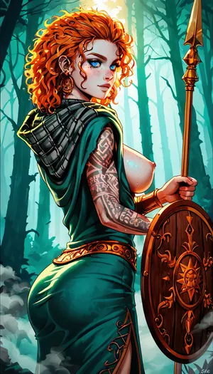 Celtic warrior woman, fierce and proud, with pale skin and long wild ginger hair, blue eyes, freckles, tattoo, scars, strong athletic body, big breasts, perky nipples, hairy pussy, ass back, wearing a gold torc, simple woolen dress, checked cloak, holding a spear and a shield, walking in a misty forest, (morning fog:1.2), side view, volumetric lightning, rim sunlight, complex sunlight shadowing, dramatic lighting, lineart, line, art, flat, colors, color, <lora:lineartSDXL:.8>, <lora:outline_xl_kohaku_delta_spv5x:.8>
