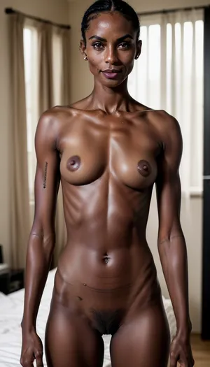 fully naked sexy mature woman, (60 years old:1.5), from front, nordic ethnic, dynamic pose, standing at her toetips, no clothes, no panties, (showing flat sandals:1.5), (thigh harness:1.2), (fully tattoed forearms:1.2), underboob tattoo, very athletic lean slim body, tall and skinny, tattoos at ankles, sinewy, fully naked, (extreme dark tanned skin:1.3), extreme pixie cut slicked back brunette messy hair with blonde streaks, hairy pussy, bigger perky retrousse breasts, very ripped abs, very narrow hips, white toe nails, wrinkles, blemishes, big smile, hyperrealistic, cinematic, photorealistic, 8k, uhd, dslr, best quality, epiCPhoto, NegfeetV2, spread, pussy, nipples, breasts, 1girl, thigh_strap, harness, o-ring, solo, tomboy, very, short, hair, forehead, shaysight7, rhinestone, choker, fullsleevetattoo, stattoo, <lora:epiCRealismHelper:.6>, <lora:skin_tone_slider_v1:.4>