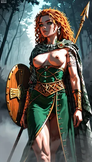 Celtic warrior woman, with pale skin and long wild ginger hair, freckles, tattoo, scars, strong athletic body, firm breasts, perky nipples, hairy pussy, wearing a gold torc, simple woolen dress, checked cloak, holding a spear and a shield, walking in a misty forest, (morning fog:1.4), volumetric lightning, rim sunlight, complex sunlight shadowing, dramatic lighting, lineart, line, art, flat, colors, color, <lora:lineartSDXL:.8>, <lora:outline_xl_kohaku_delta_spv5x:.8>