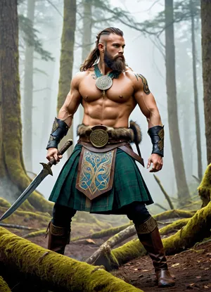 Modern colored pencil sketch, A fierce, muscular Celtic warrior, barechested with intricate blue woad body paint, a rugged beard, and a primitive necklace, holding a golden short sword raised high in one hand and a gold-bladed axe in the other, wearing a kilt-like garment of fur and green cloth, with a large ornate belt buckle showcasing a triskelion symbol, and primitive leg wraps and shoes, charging dynamically with a battle expression. During a battle in a dense, misty forest with numerous blurred, silhouetted warriors in the background, suggesting a chaotic melee. Fantasy art, Digital Painting, Epic Fantasy, inspired by historical Celtic art. Natural lighting, slightly diffused due to mist, focusing on the central figure with dramatic highlights. Full body shot, slightly low angle to emphasize power, dynamic action pose. Intricate details on body paint and attire, aggressive expression, realistic texture on fur and weaponry, atmospheric background with sense of movement, high fantasy, ancient warfare, colored, contrast, tone, texture, details, stylish, elegant