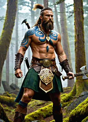 Modern colored pencil sketch, A fierce, muscular Celtic warrior, barechested with intricate blue woad body paint, a rugged beard, and a primitive necklace, holding a golden short sword raised high in one hand and a gold-bladed axe in the other, wearing a kilt-like garment of fur and green cloth, with a large ornate belt buckle showcasing a triskelion symbol, and primitive leg wraps and shoes, charging dynamically with a battle expression. During a battle in a dense, misty forest with numerous blurred, silhouetted warriors in the background, suggesting a chaotic melee. Fantasy art, Digital Painting, Epic Fantasy, inspired by historical Celtic art. Natural lighting, slightly diffused due to mist, focusing on the central figure with dramatic highlights. Full body shot, slightly low angle to emphasize power, dynamic action pose. Intricate details on body paint and attire, aggressive expression, realistic texture on fur and weaponry, atmospheric background with sense of movement, high fantasy, ancient warfare, colored, contrast, tone, texture, details, stylish, elegant