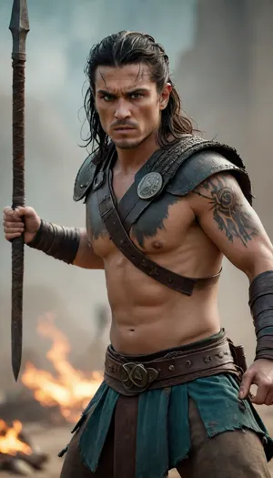 5000000010.37, Epic cinematic scene, warrior-leader in the foreground, determined and menacing, both hands raised with two-handed axes in each hand, detailed tattoos and battle scars, rough leather armor, tightly braided dark hair, warpaint on the face, warriors in a blurred background, dust, smoke, and sparks in the air, dramatic volumetric backlighting, low shooting angle, wide anamorphic perspective, cinematic color correction in teal and orange, slight film grain, high detail, cinematic still from the film