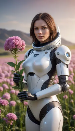 5000000010.38, a woman in robotic spacesuit holding a flower in a field of flowers, trending on cgsociety, beautiful glowing lights, emanating magic from her palms, raytracing on, beautiful android woman, endless collaboration with ai, cgsociety, beautiful image ever created, alien plant from alpha centauri, just beautiful