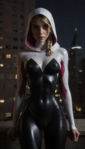 night, clear weather, (((18 years old))), (((young))), (spider girl Gwen Stacy), Braided side Side Cornrows Hair, (tight outfit), (athletic body:1.5), hood on head, (hip gap:1.3), wide hips, (narrow waist:1.5), (blonde with pink strands), (view from front:1.6), climbs to the roof of a high-rise building, (makeup), New York day, ((pussy cameltoe:1.4)), (wet clothes), (makeup:1.2), (oiled skin:1.7), (wet tight bodysuit:1.8), hand, 1girl, (athletic ass), medium natural breast, (high detailed face:1.5), dim lights, (hard nipples:1.3), (chiaroscuro lighting:.3), <lora:HandFineTuning_XL:1>, <lora:MGLRbodysuit_sdxl:.6>, <lora:uberfit_lora_sdxl:.4>, <lora:dark:.3>