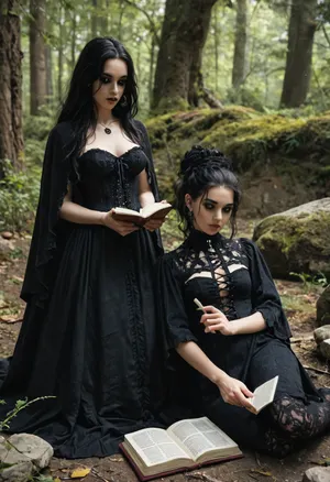 2 girls, wide angle, (goth witch with enormous tits, long sexy witch dress, black spiderweb corset, reading from am old book, casing a spell), older witch girl is casting a spell on younger petite girl, younger girl is laying naked on a large rock, in a forest clearing, young girl laying on a rock with the older witch standing over her