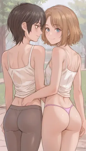 ((Graceful, pretty, 2 young girls, small breast, cute face, sexy, (low leggings), tanktop, park, thong, nice fit perfect ass, rear view, smiling, perfect lighting, <lora:ratatatat74-000050:1.4>, <lora:outline_xl_kohaku_delta_spv5x:2>, <lora:cartoon_stickers_xl_v1:.9>, <lora:NEOTOKIOXL_0.2_RC:.7>))