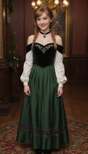 1 woman, 25 years old, (Anna of Arendelle), (Frozen), (Disney), white skin, smiling face, adorable, blue eyes, reddish strawberry blond hair, (two braided pigtails), (long hair), bangs, freckles, skinny, small waist, (small breasts), ((coronation dress with a black sweetheart bodice, dark green off-the-shoulder straps, rosemaling, and embroidery)), floor length olive drab pleated skirt, thick black satin choker, castle ballroom, decorations, party, standing, anna, of, arendelle, bare, shoulder, black, bodice, green, skirt, necklace, updo, purple, cap, twin, braids, winter, mountain, outfit, cream, jacket, pumps, white, dress, nightgown, boots, tunic, long, hair, cloak, long-sleeved, bag, blue, christmas, queen, tiara, shoes, sunflower, pattern, deepblue, legwear, vest, <lora:ahxl_v1:.8>, <lora:288671_training_data:.8>