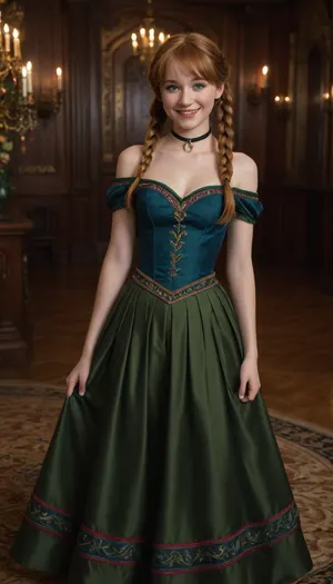 1 woman, 35 years old, (Anna of Arendelle), (Frozen), (Disney), white skin, smiling face, adorable, blue eyes, reddish strawberry blond hair, (two braided pigtails), (long hair), bangs, freckles, skinny, small waist, (small breasts), ((coronation dress with a black sweetheart bodice, dark green off-the-shoulder straps, rosemaling, and embroidery)), floor length olive drab pleated skirt, thick black satin choker, castle ballroom, decorations, party, standing, <lora:ahxl_v1:.8>