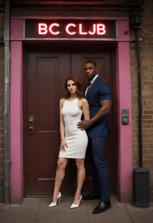 neon lights above it displaying the words "BBC Club." an Iranian woman with brown hair kneel in a quiet alley, very short white dress. The woman wears a short white dress paired with high-heeled YSL shoes. The man is dressed in a formal outfit beside her. At the end of the alley, there is a door with neon lights above it displaying the words "BBC Club." In front of the door, two muscular Black men stand guard. The background is dimly lit, with neon lights casting a moody atmosphere over the scene. neon lights above it displaying the words "BBC Club."