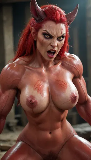 Savage beast, massive red animal penis, muscular and veiny, red eyes, red skin, the head od a beast with the beautiful warrior woman body, claws, angry, rabbid, growling, moaning and drooling from the mind melting orgasm, big full boobs, modern-beast, <lora:Modern_Werewolf:.8>
