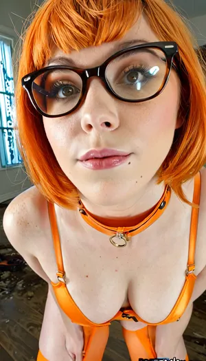 (((1girl:1))), ((solo:1.5)), filmic, (skindentation:1.4), 24 years old, perfect finger, cinematic, (well-lit scene), magical, great angle, fantasy, (DSLR photo), tanned, make-up, slutty, pink lips, eyelashes, pretty face, cute girl, intricate details, (Velma Dinkley lookalike, glasses, short silky orange hair, the face looks exactly like Velma from Scooby-Doo:1.4), tan lines on body, bent over, arched back, arms held behind her back, getting fucked from behind by a ghost, in an old abandoned mansion, orgasm moaning, closed eyes, mouth open, ((she's wearing orange collar, red high heels stiletto shoes, orange harness garter straps, orange high waist thong)), thigh-high nylons, athletic waists, full body, pierced nipples, (dramatic false eyelashes), white waterline eyeliner, stunning eyes, doe eyes makeup, dynamic angle, [shy_smile], ethereal fantasy photography, grim, handslora, drkms, DeJarnette, abandoned, asylum, interior, peeling, paint, <lora:MJ52:2>, <lora:LCMTurboMix_Euler_A_fix:2>, <lora:590198_training_data:2>, <lora:DarkGrimFantasyXL-000004:2>, <lora:!DeJarnetteXL:2>